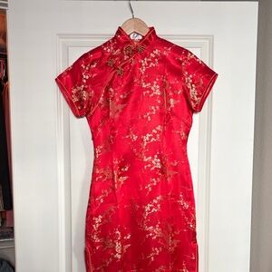 Elegant Red Floral Cheongsam Dress